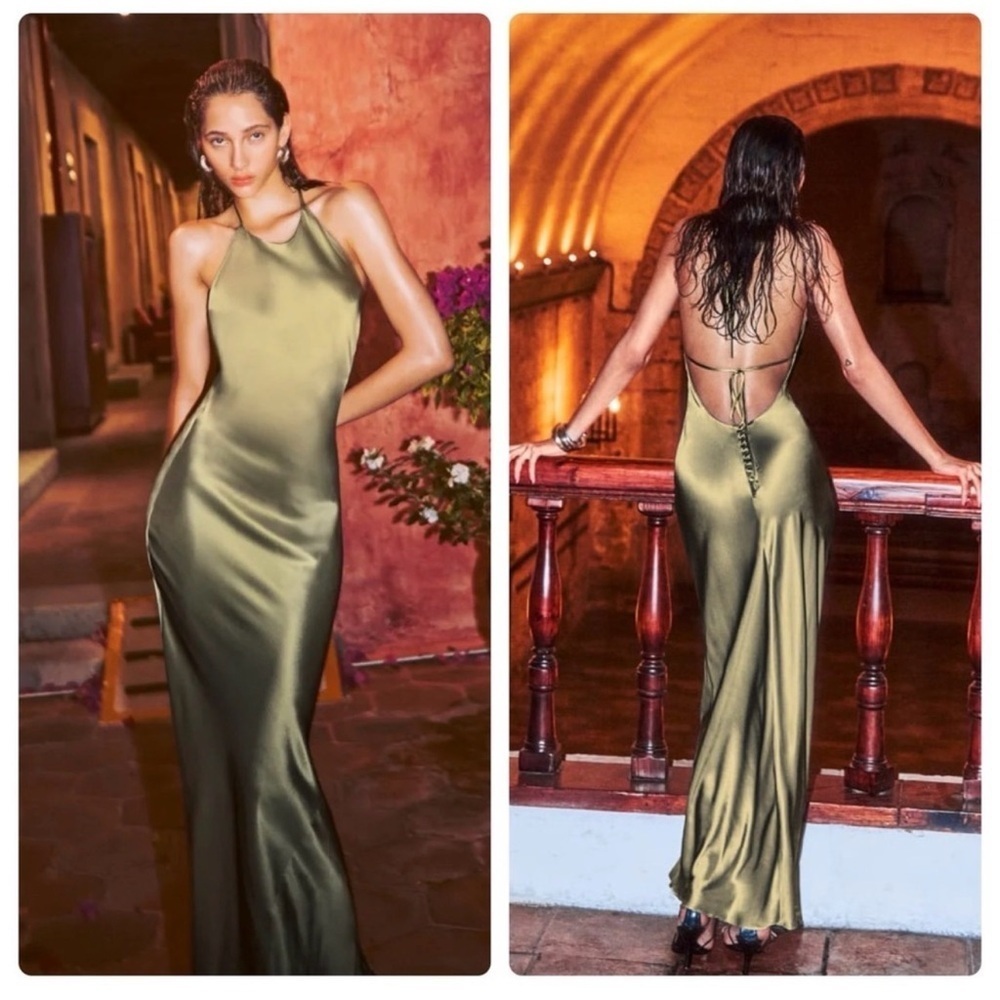 NWT Reformation Jeany Silk Dress in Olive Oil - Picture 4 of 9